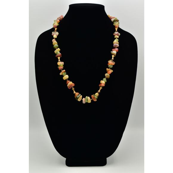 Miriam Haskell Lucite Stone Beaded Necklace Gold Green Orange Signed 1950s BinBN - Picture 1 of 16